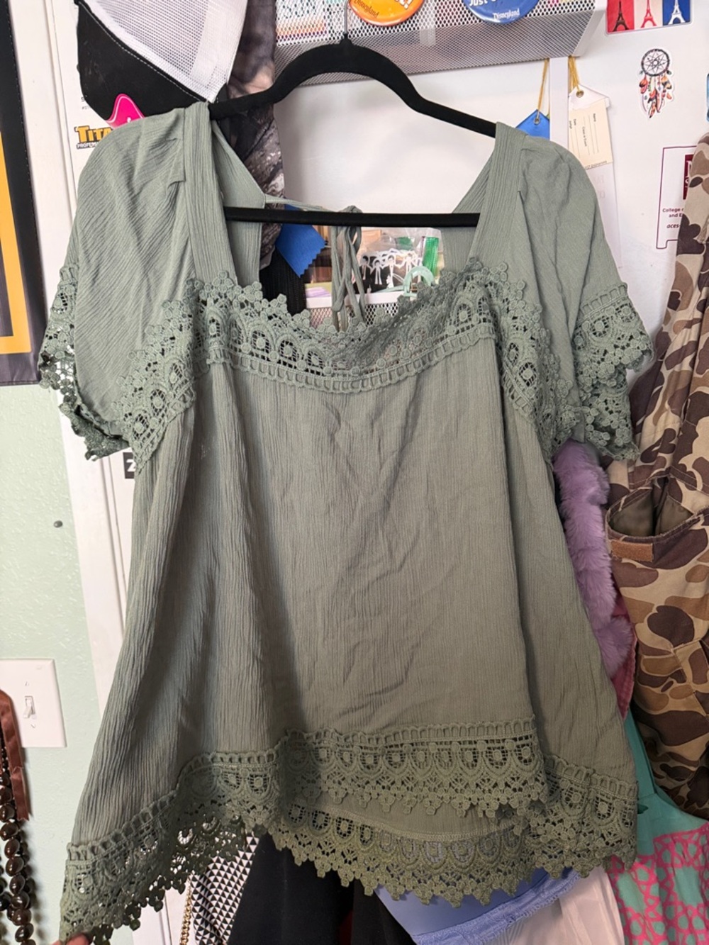 Daytrip Sage Green Crochet-Trim Women's Blouse